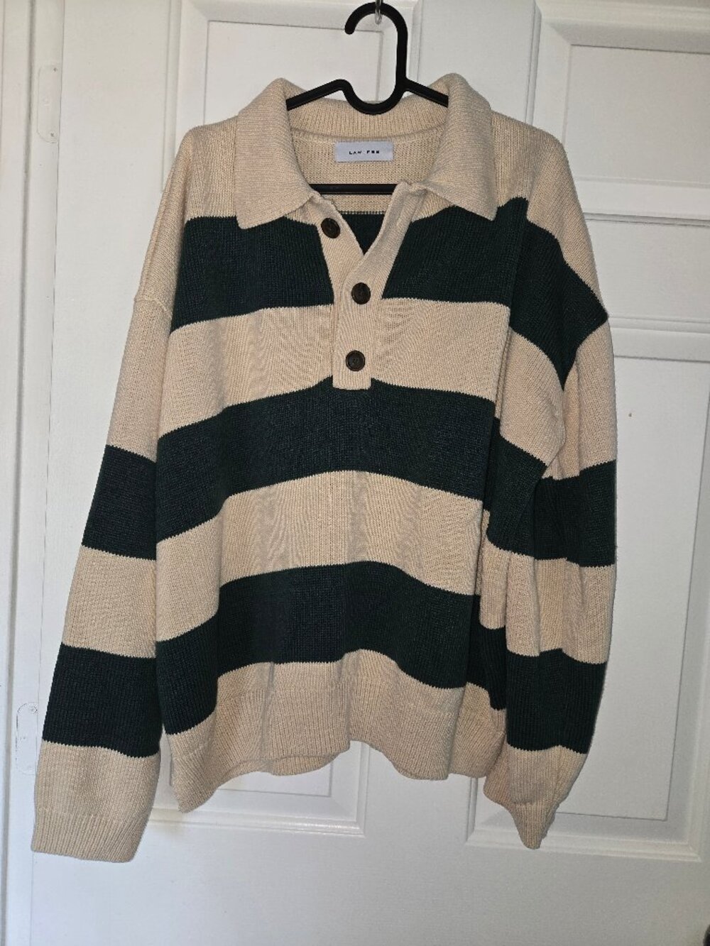 Green and Tan Striped Button Collar Sweater